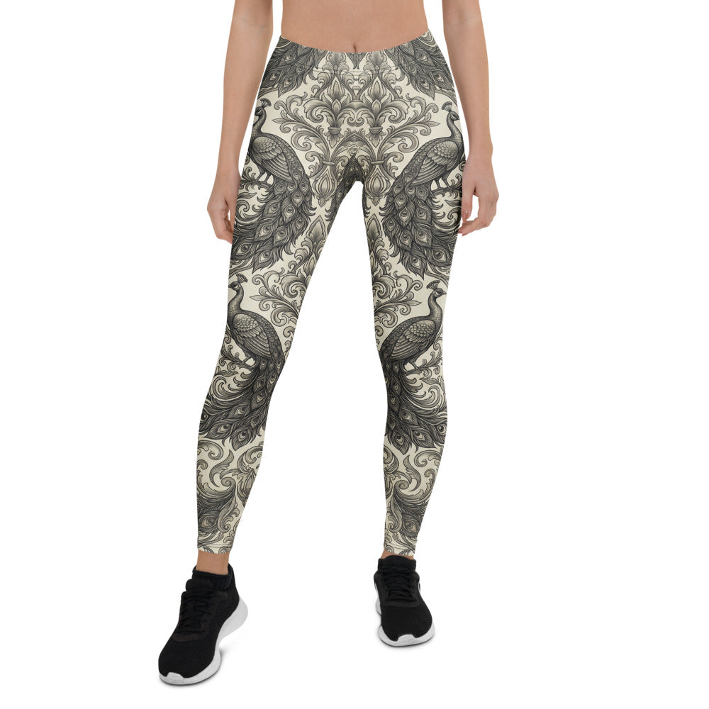Personalisierte Damen Sportleggings Pfau Muster Ornamente Barock Design Fitness Yoga Leggings Schwarz Beige L124