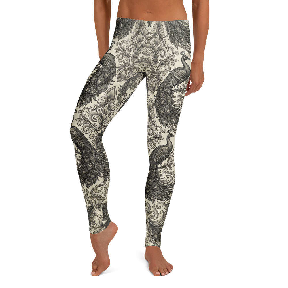 Personalisierte Damen Sportleggings Pfau Muster Ornamente Barock Design Fitness Yoga Leggings Schwarz Beige L124