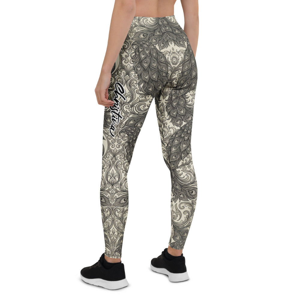 Personalisierte Damen Sportleggings Pfau Muster Ornamente Barock Design Fitness Yoga Leggings Schwarz Beige L124