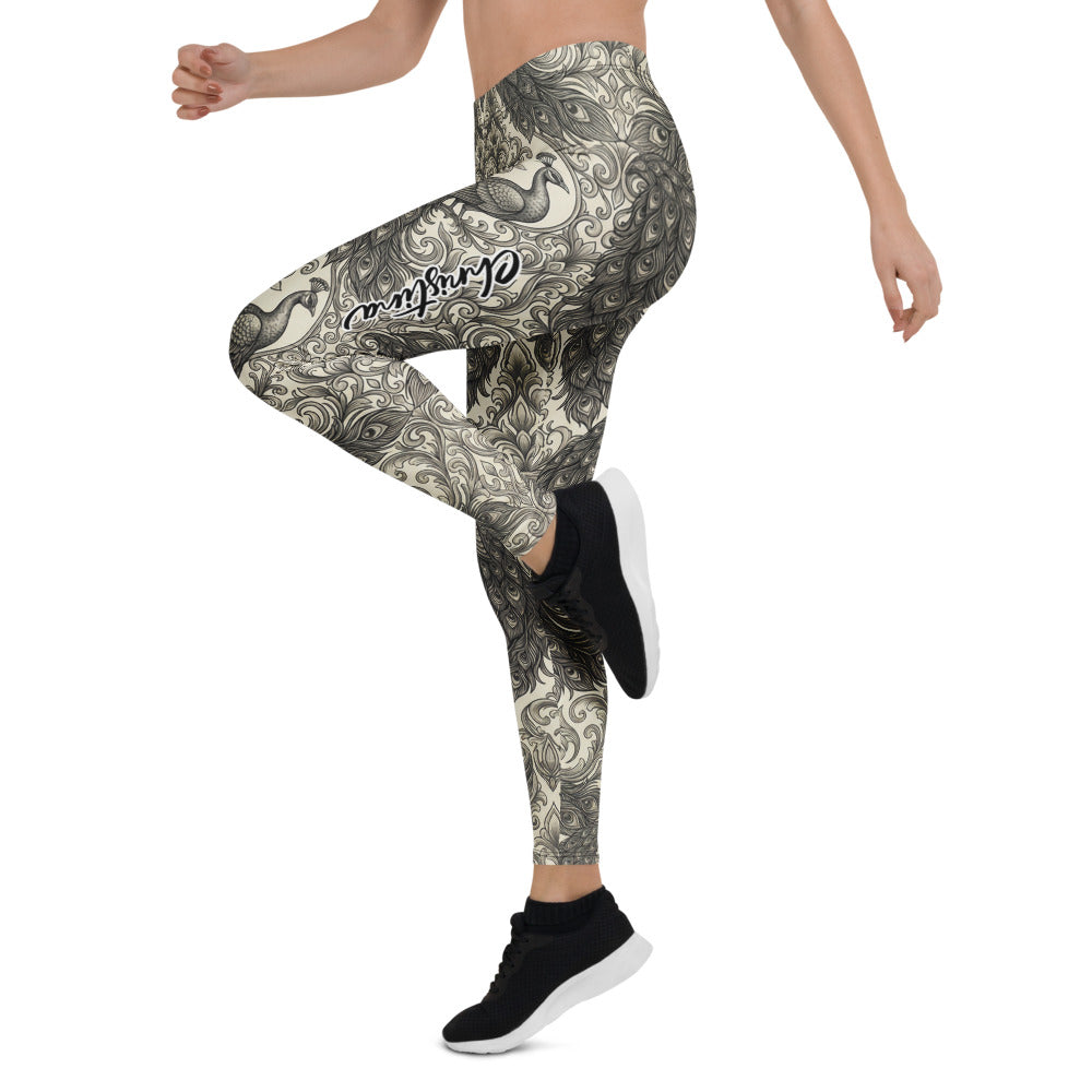 Personalisierte Damen Sportleggings Pfau Muster Ornamente Barock Design Fitness Yoga Leggings Schwarz Beige L124