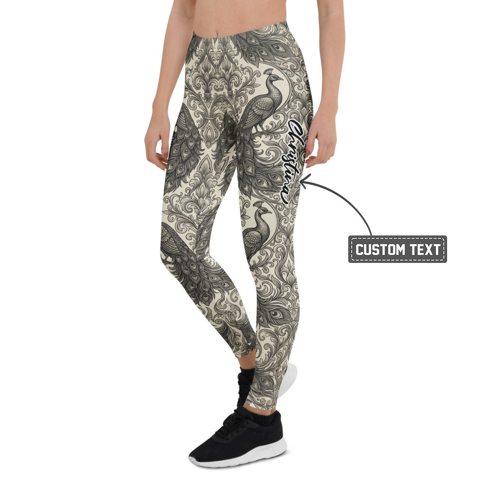 Personalisierte Damen Sportleggings Pfau Muster Ornamente Barock Design Fitness Yoga Leggings Schwarz Beige L124 - XL