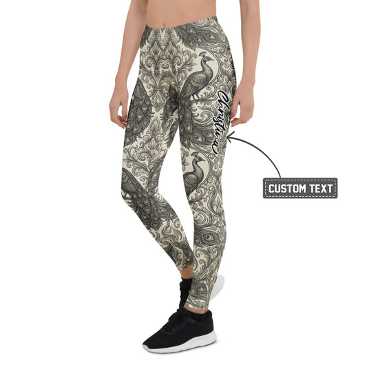 Personalisierte Damen Sportleggings Pfau Muster Ornamente Barock Design Fitness Yoga Leggings Schwarz Beige L124 - XL