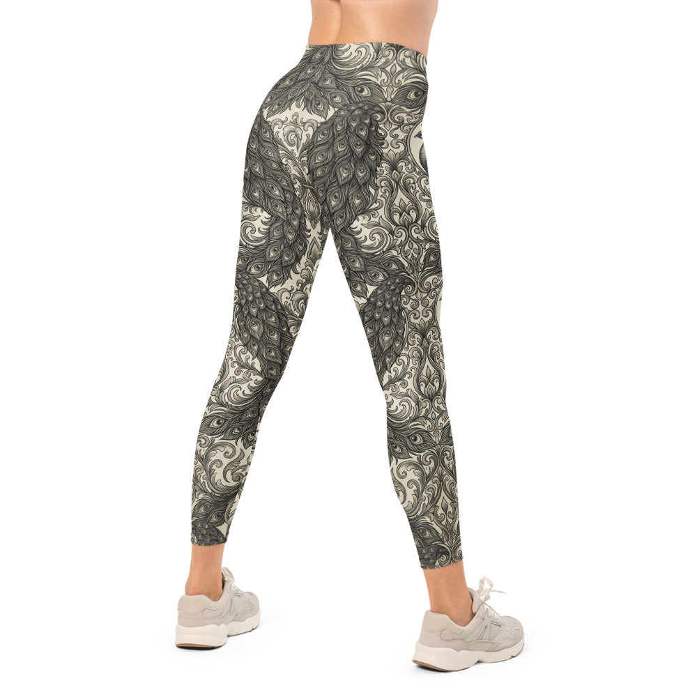Personalisierte Damen Sportleggings Pfau Muster Ornamente Barock Design Fitness Yoga Leggings Schwarz Beige L124