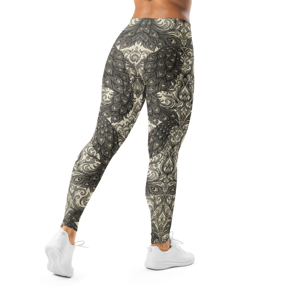 Personalisierte Damen Sportleggings Pfau Muster Ornamente Barock Design Fitness Yoga Leggings Schwarz Beige L124
