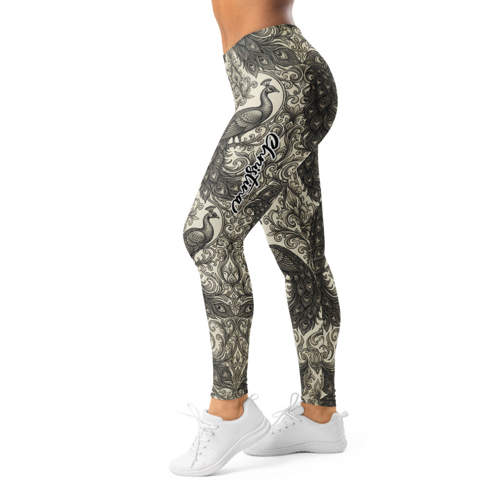 Personalisierte Damen Sportleggings Pfau Muster Ornamente Barock Design Fitness Yoga Leggings Schwarz Beige L124