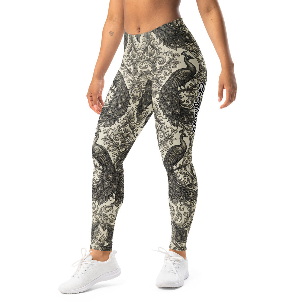 Personalisierte Damen Sportleggings Pfau Muster Ornamente Barock Design Fitness Yoga Leggings Schwarz Beige L124