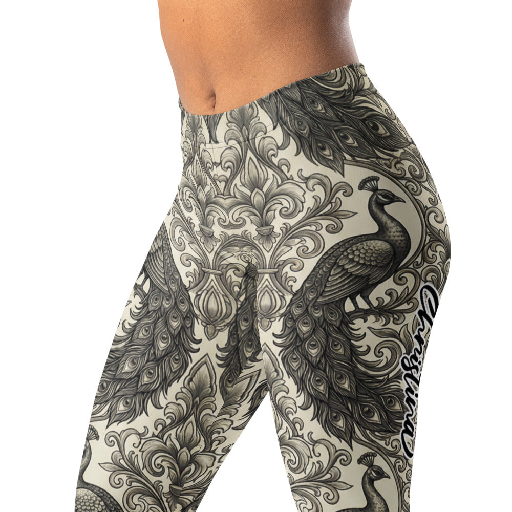 Personalisierte Damen Sportleggings Pfau Muster Ornamente Barock Design Fitness Yoga Leggings Schwarz Beige L124