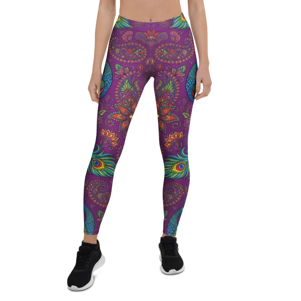 Personalisierte Damen Sportleggings Lila Paisley & Pfauenmuster Yoga Leggings Fitnesshose Bunt Boho Style T041