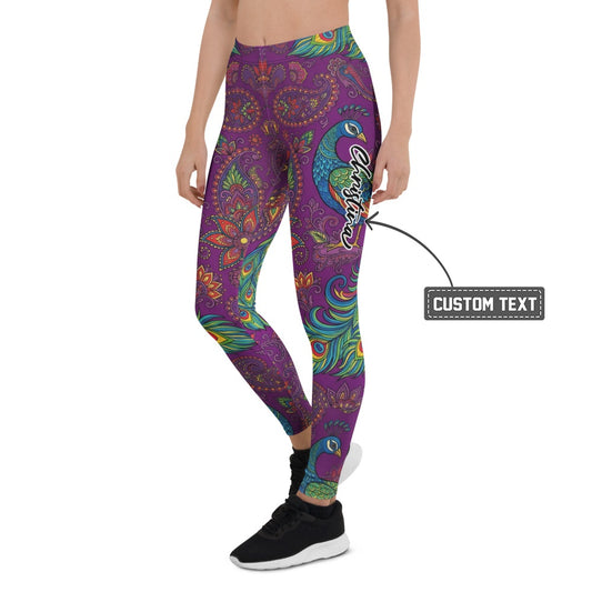 Personalisierte Damen Sportleggings Lila Paisley & Pfauenmuster Yoga Leggings Fitnesshose Bunt Boho Style T041 - XL