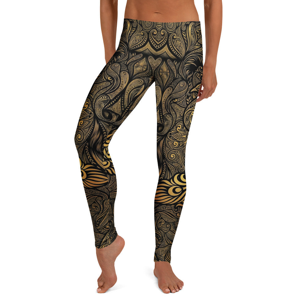 Personalisierte Sportleggings Damen Schwarz Gold Ornament Muster Fitness Yoga Leggings V866