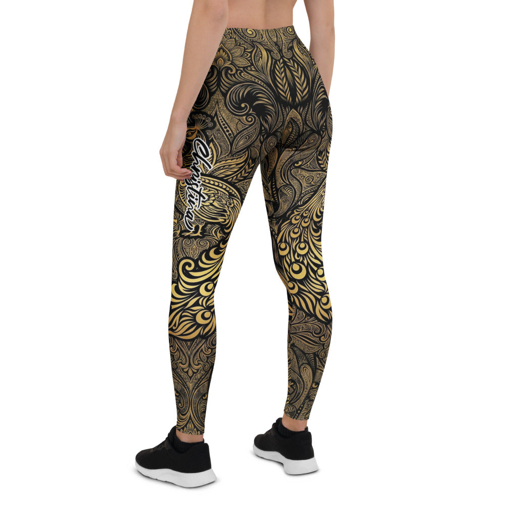 Personalisierte Sportleggings Damen Schwarz Gold Ornament Muster Fitness Yoga Leggings V866