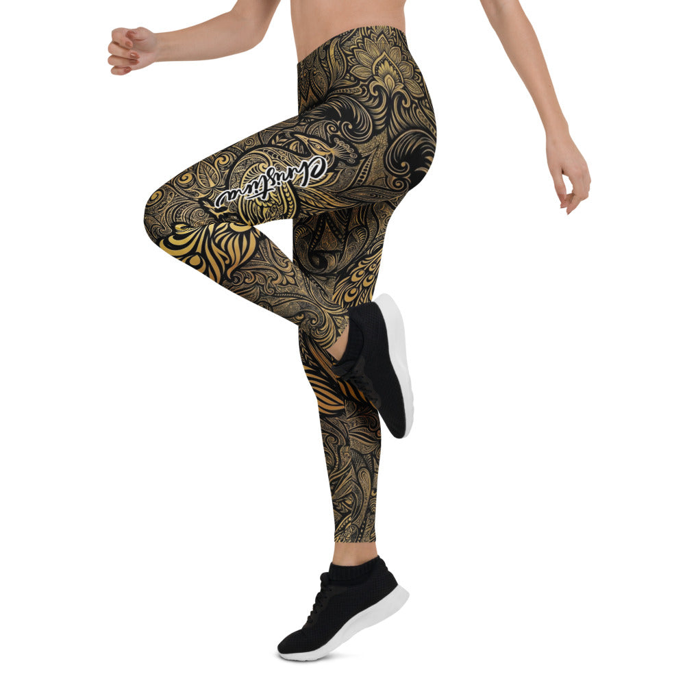 Personalisierte Sportleggings Damen Schwarz Gold Ornament Muster Fitness Yoga Leggings V866