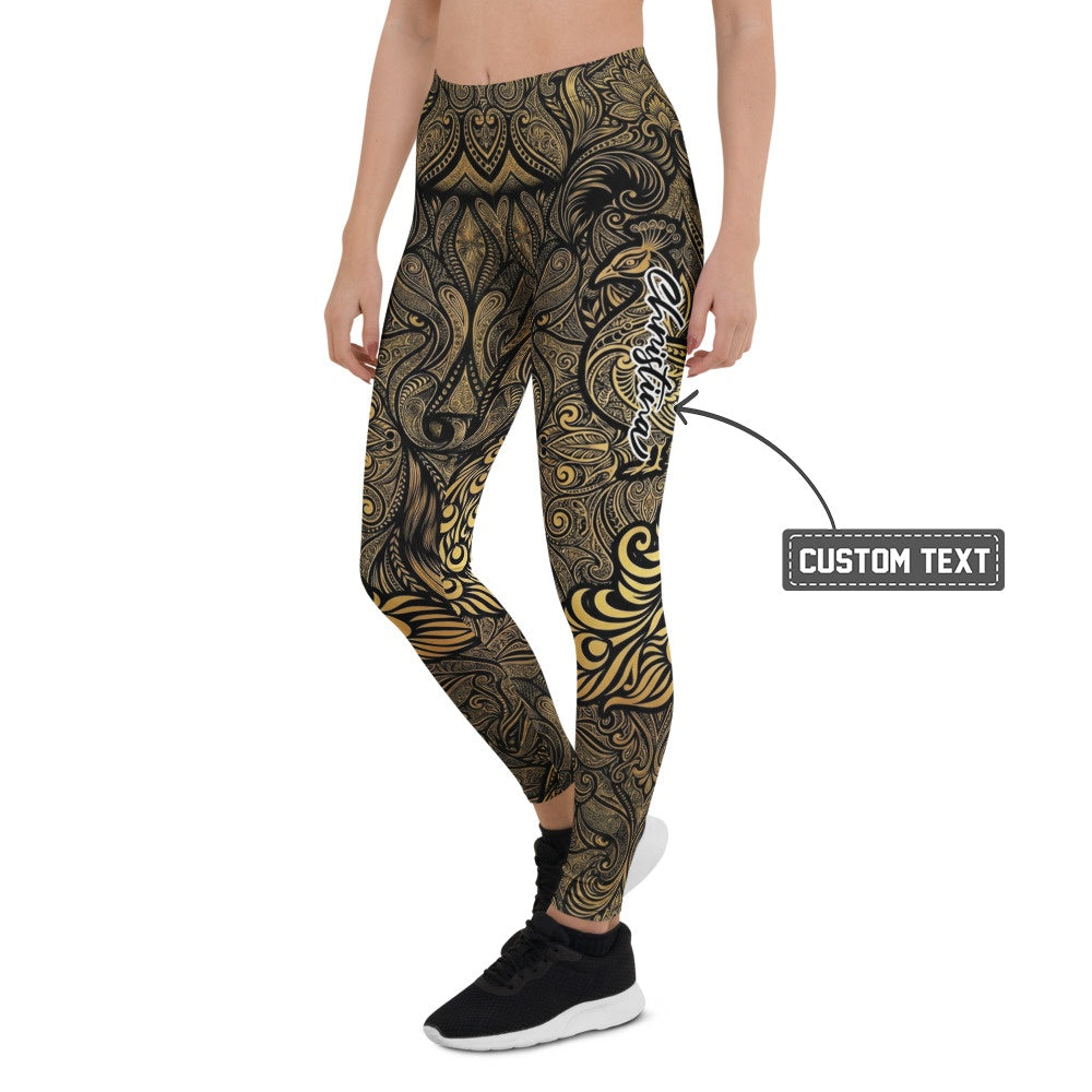 Personalisierte Sportleggings Damen Schwarz Gold Ornament Muster Fitness Yoga Leggings V866 - XL