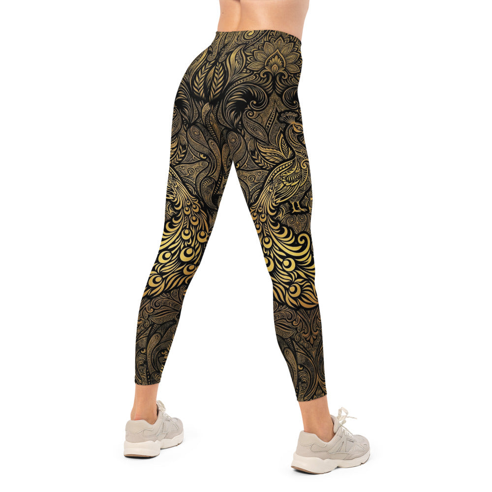 Personalisierte Sportleggings Damen Schwarz Gold Ornament Muster Fitness Yoga Leggings V866