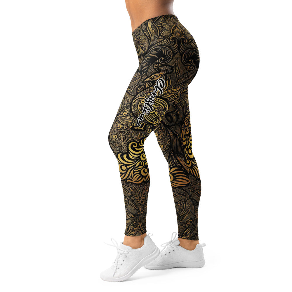 Personalisierte Sportleggings Damen Schwarz Gold Ornament Muster Fitness Yoga Leggings V866