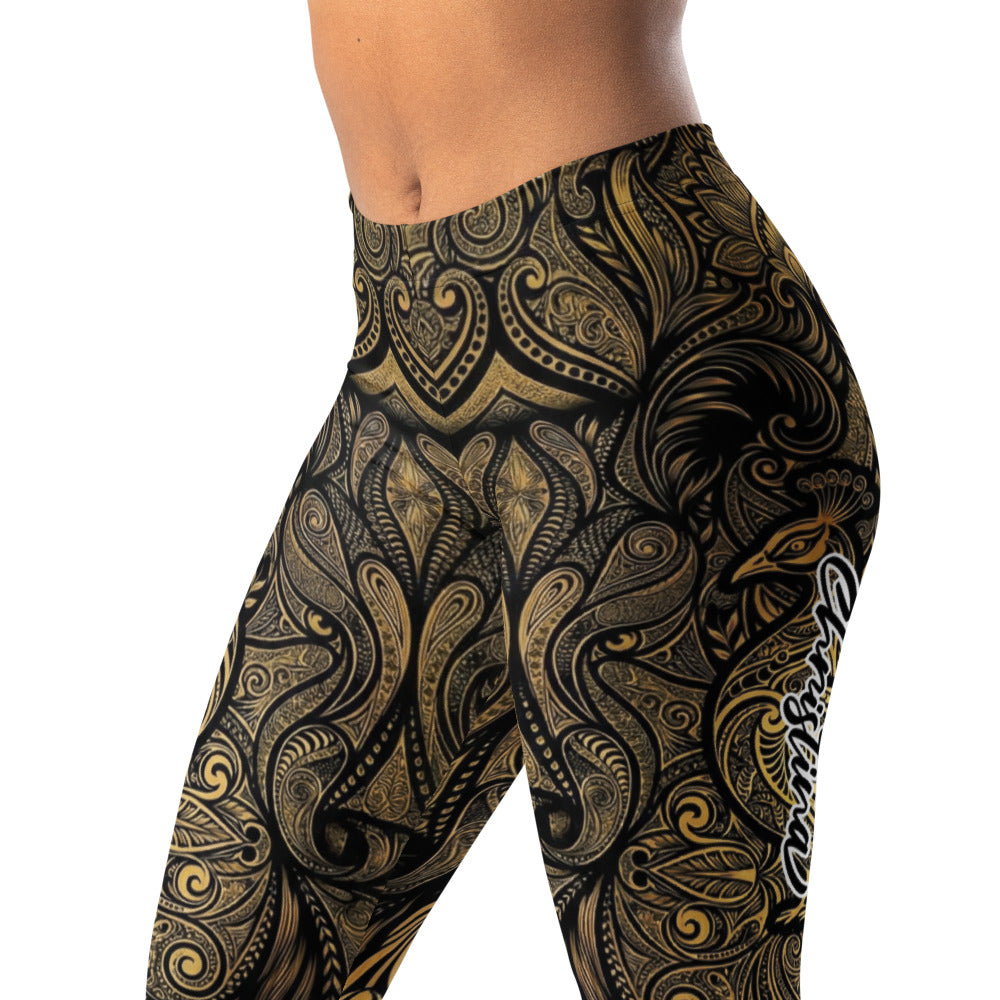 Personalisierte Sportleggings Damen Schwarz Gold Ornament Muster Fitness Yoga Leggings V866