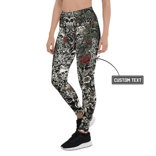 Personalisierte Sportleggings Damen Totenkopf & Rosen Design Schwarz Rot Weiß Fitness Leggings R501 - XL