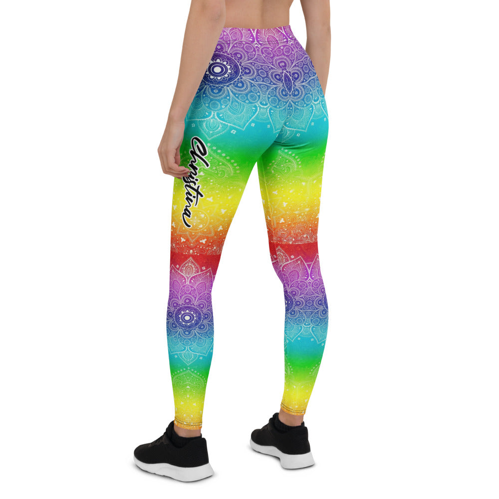 Personalisierte Damen Yoga Leggings Regenbogen Mandala Muster Bunt Fitness Sportleggings Y264