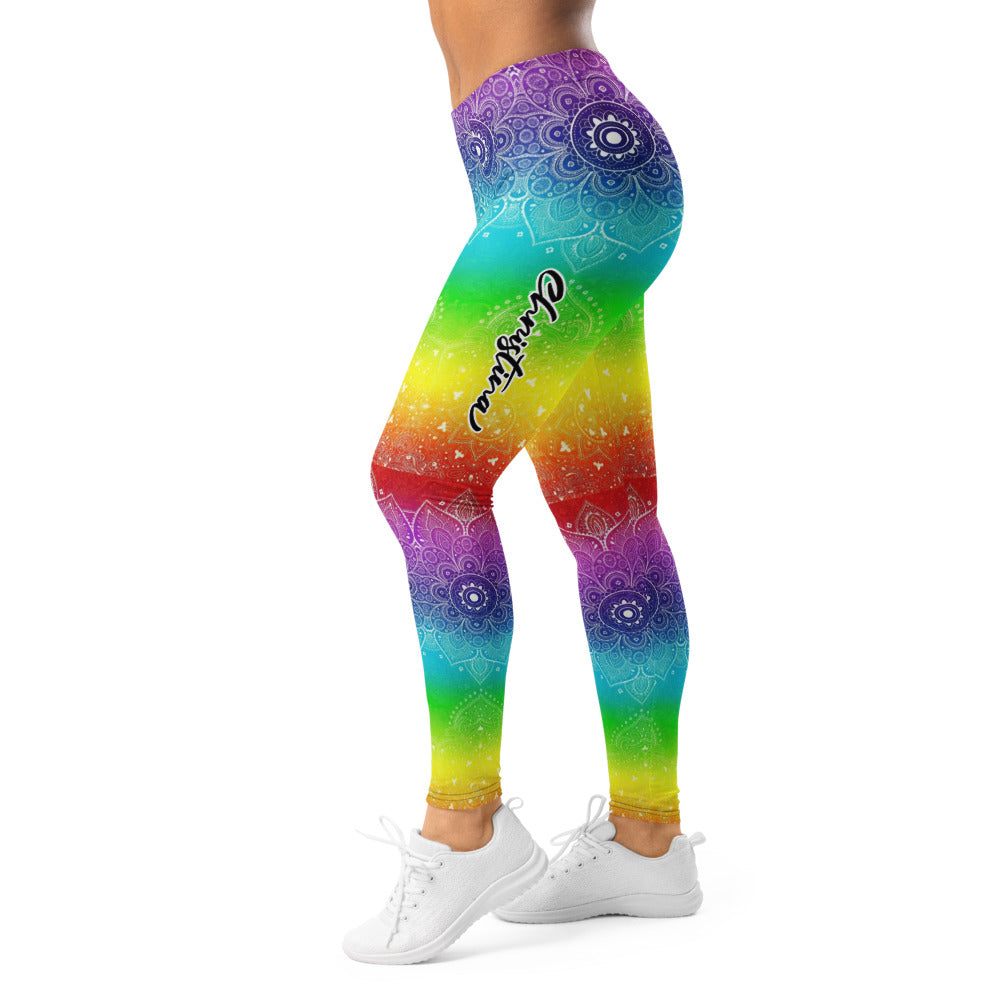 Personalisierte Damen Yoga Leggings Regenbogen Mandala Muster Bunt Fitness Sportleggings Y264