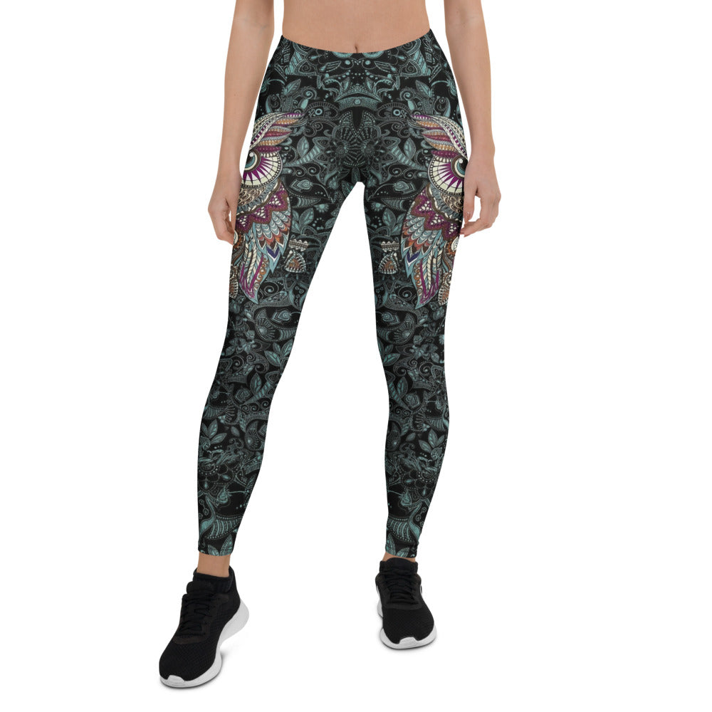 Personalisierte Sportleggings Damen Eulen-Design Mandala-Muster Schwarz Türkis Fitness Leggings Yoga Hose V592