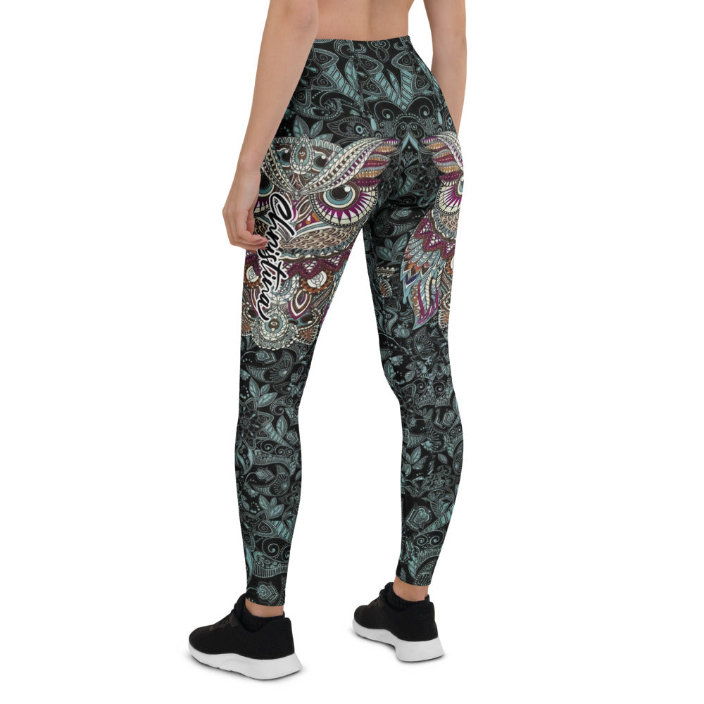Personalisierte Sportleggings Damen Eulen-Design Mandala-Muster Schwarz Türkis Fitness Leggings Yoga Hose V592