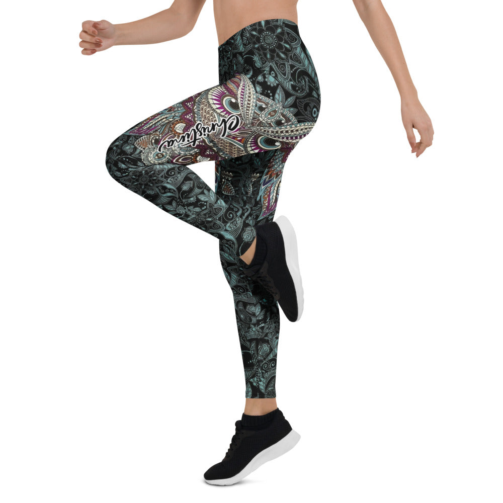 Personalisierte Sportleggings Damen Eulen-Design Mandala-Muster Schwarz Türkis Fitness Leggings Yoga Hose V592