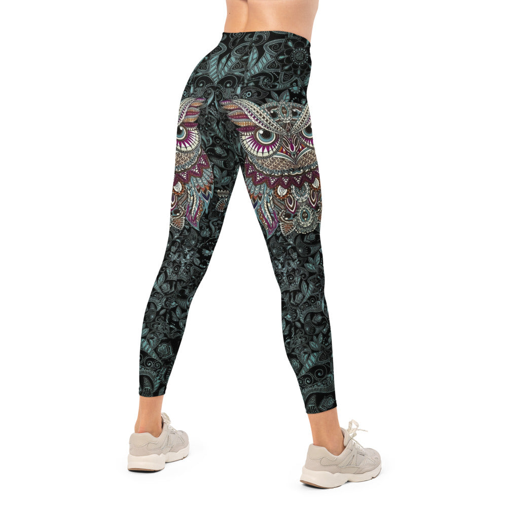 Personalisierte Sportleggings Damen Eulen-Design Mandala-Muster Schwarz Türkis Fitness Leggings Yoga Hose V592