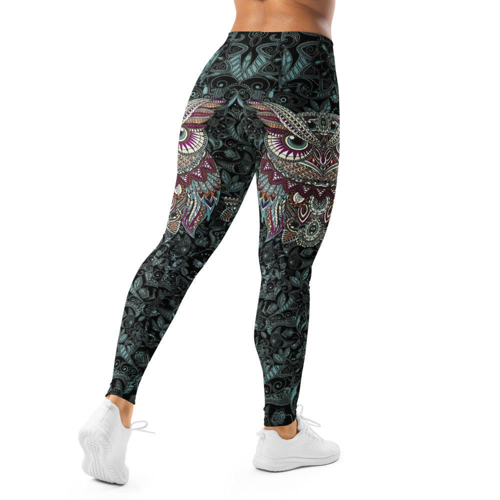 Personalisierte Sportleggings Damen Eulen-Design Mandala-Muster Schwarz Türkis Fitness Leggings Yoga Hose V592