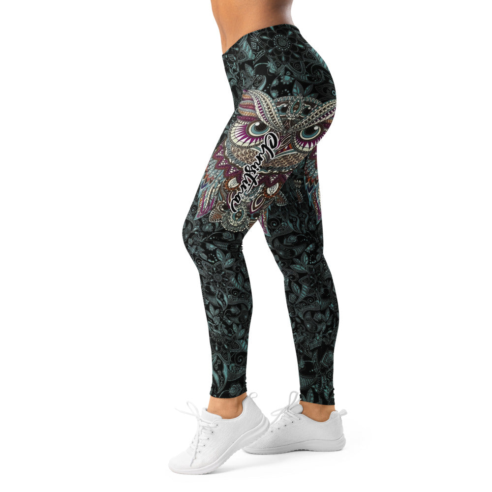 Personalisierte Sportleggings Damen Eulen-Design Mandala-Muster Schwarz Türkis Fitness Leggings Yoga Hose V592
