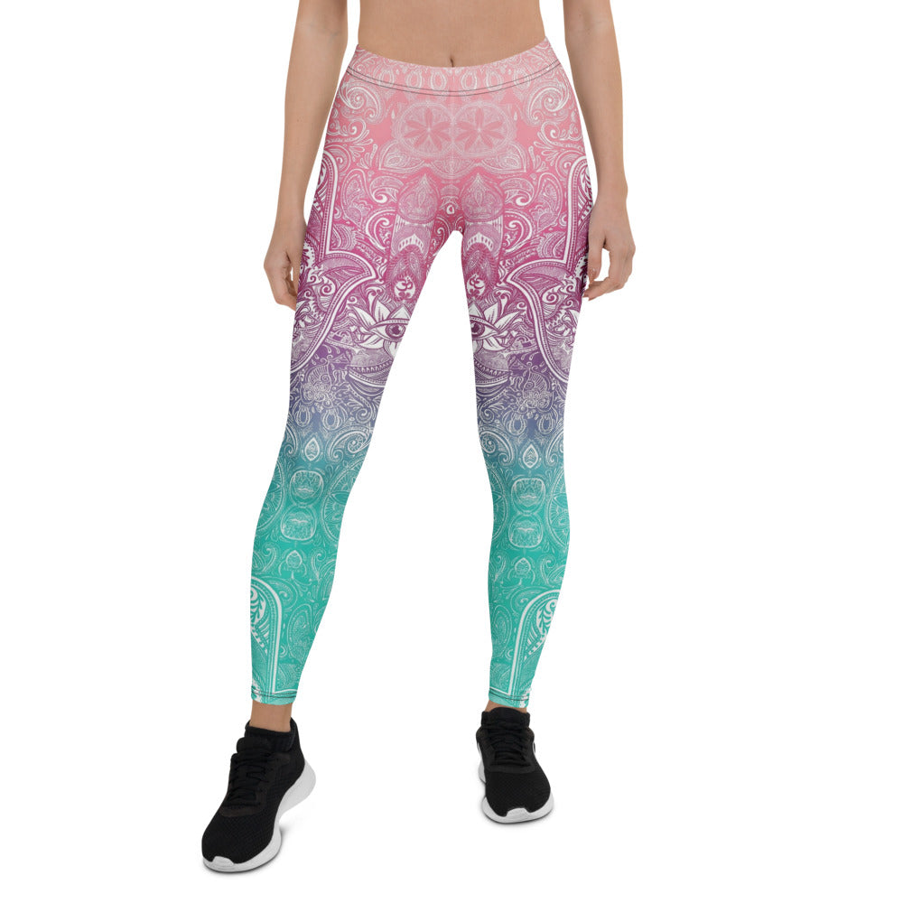 Personalisierte Yoga Leggings Damen Mandala Muster Farbverlauf Pink Lila Türkis Fitness Sportleggings M280