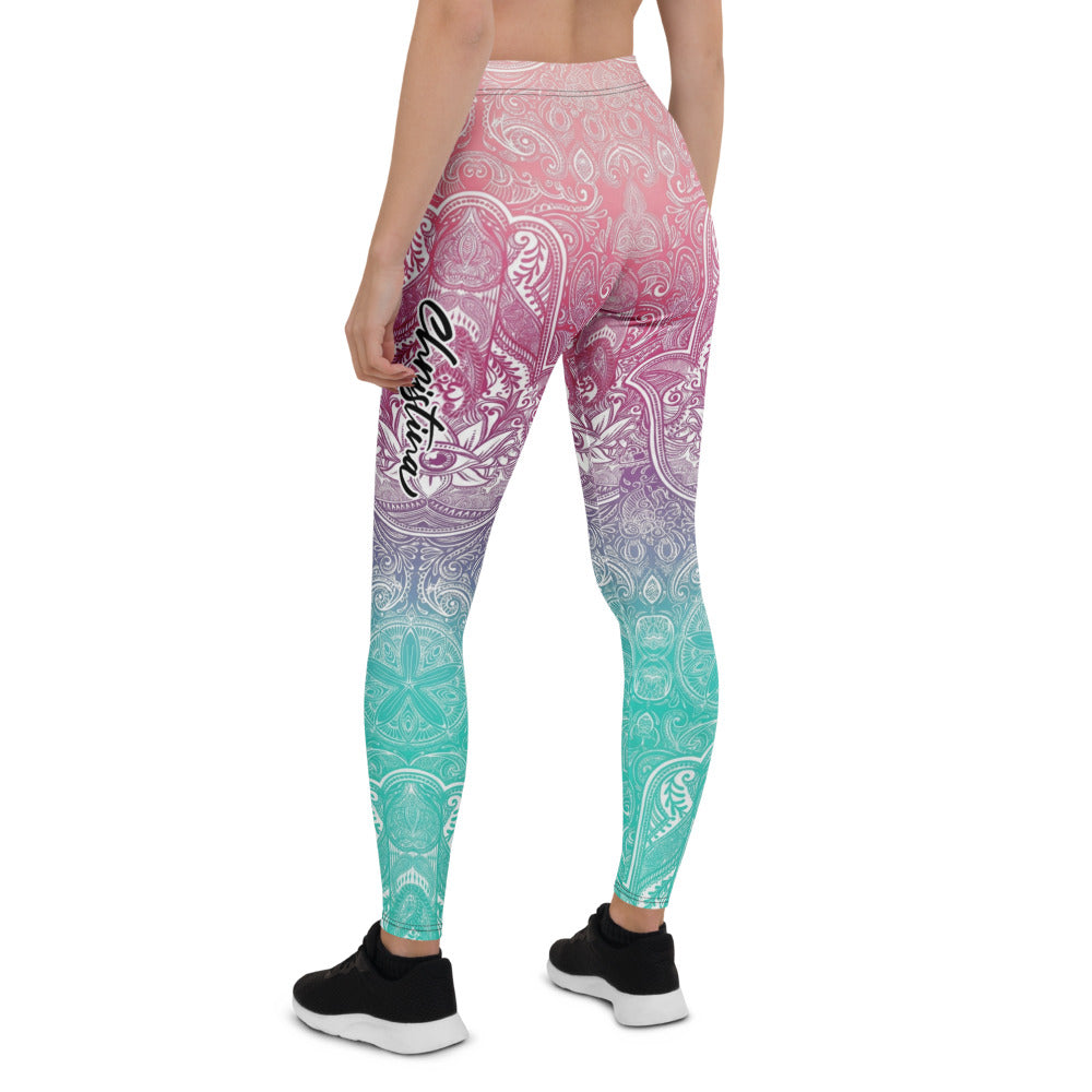 Personalisierte Yoga Leggings Damen Mandala Muster Farbverlauf Pink Lila Türkis Fitness Sportleggings M280