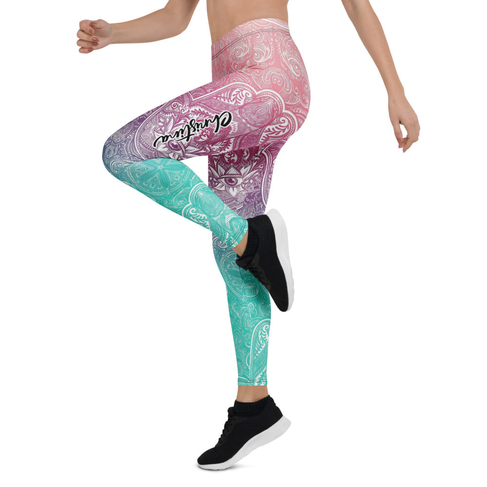 Personalisierte Yoga Leggings Damen Mandala Muster Farbverlauf Pink Lila Türkis Fitness Sportleggings M280