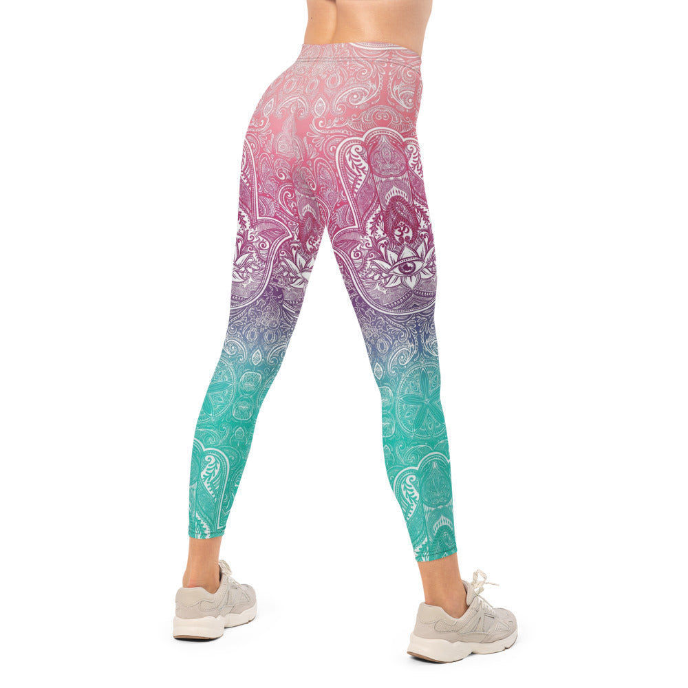 Personalisierte Yoga Leggings Damen Mandala Muster Farbverlauf Pink Lila Türkis Fitness Sportleggings M280