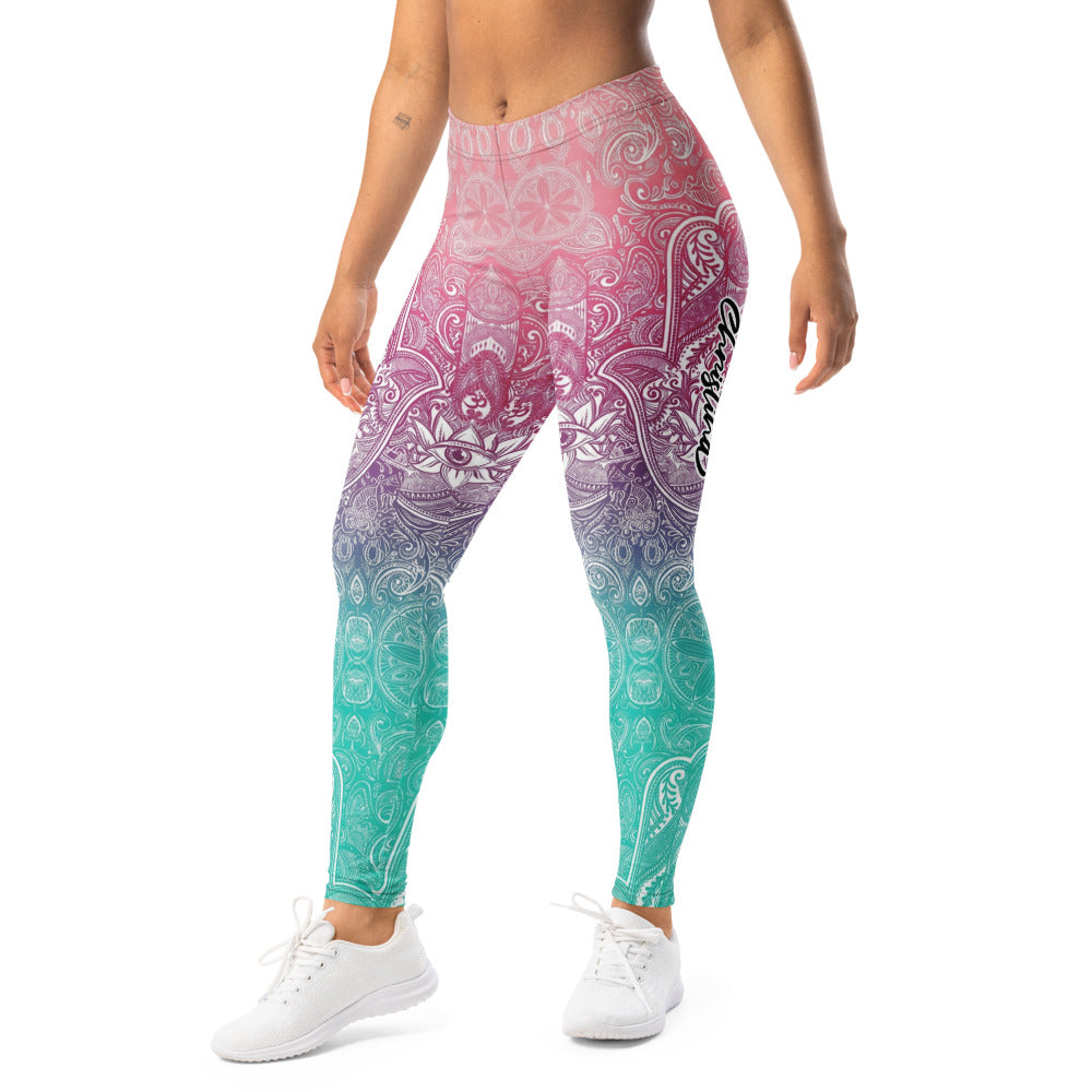 Personalisierte Yoga Leggings Damen Mandala Muster Farbverlauf Pink Lila Türkis Fitness Sportleggings M280
