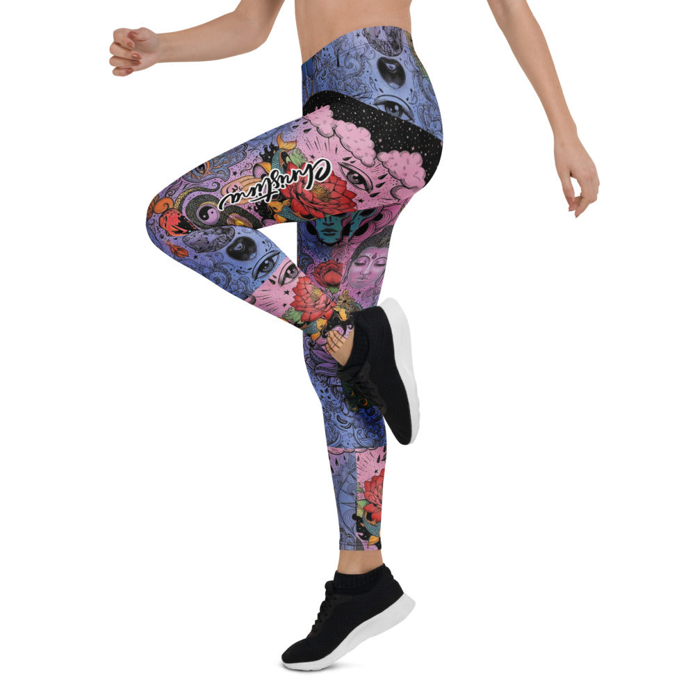 Personalisierte Damen Sportleggings Alien Psychedelic Design Lila Blau Pink Yoga Fitness Leggings I527