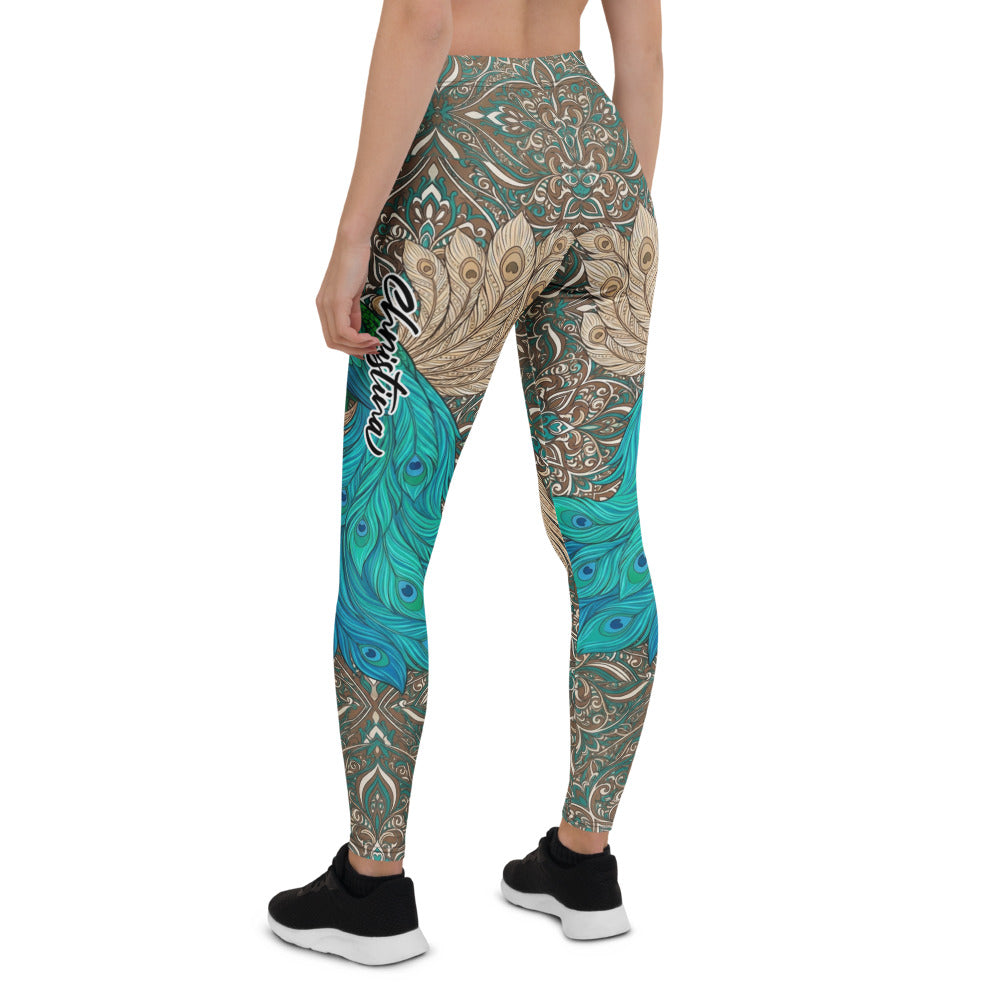 Personalisierte Damen Sportleggings Pfau Design Türkis Blau Yoga Fitness Leggings Paisley Muster X604