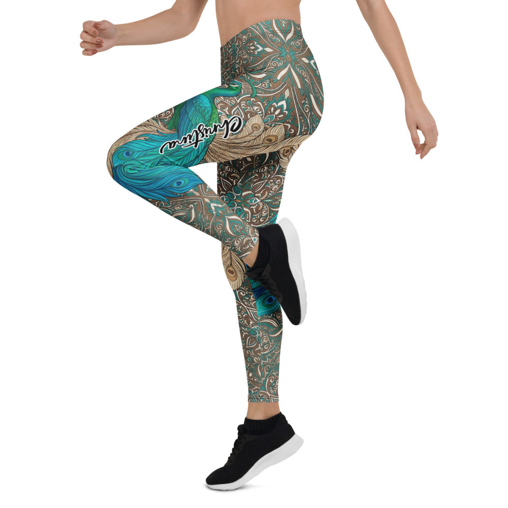 Personalisierte Damen Sportleggings Pfau Design Türkis Blau Yoga Fitness Leggings Paisley Muster X604