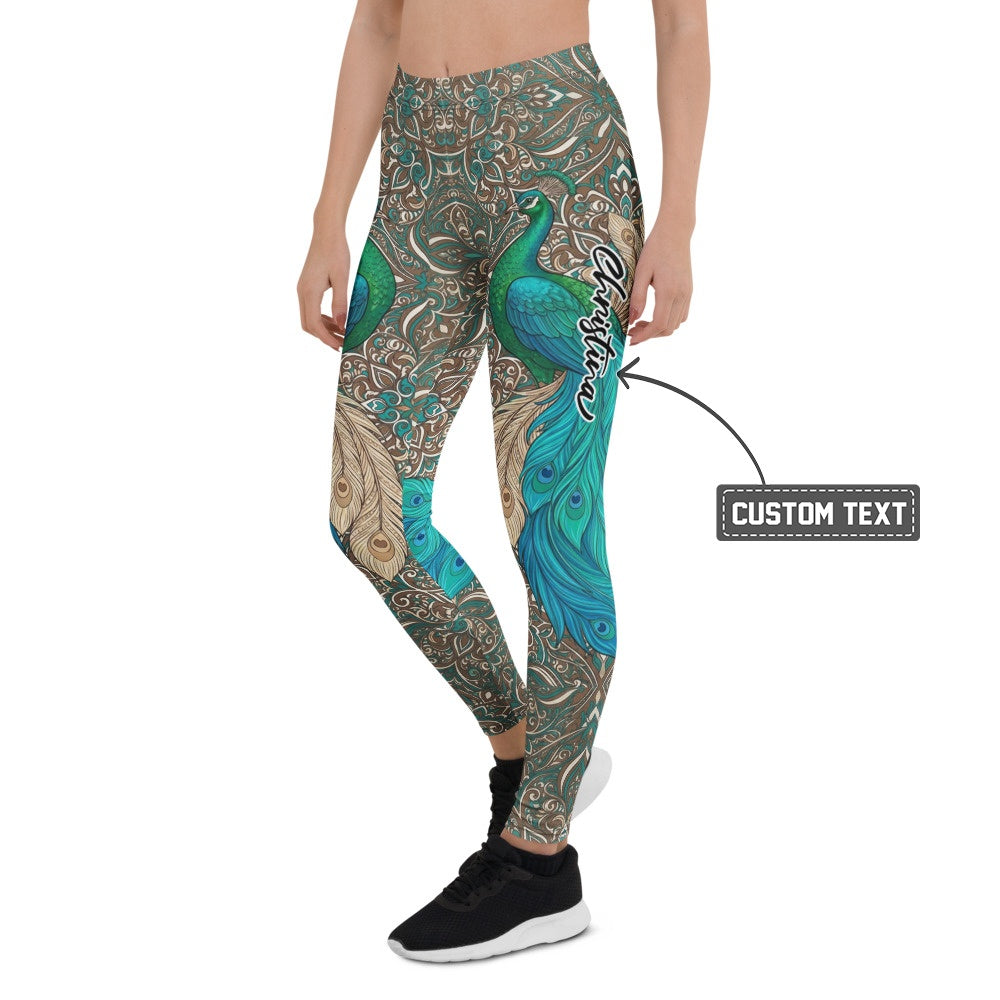 Personalisierte Damen Sportleggings Pfau Design Türkis Blau Yoga Fitness Leggings Paisley Muster X604 - XL