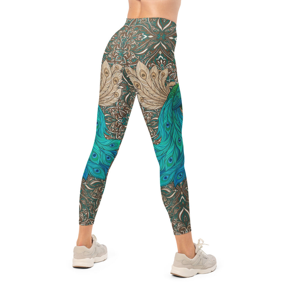 Personalisierte Damen Sportleggings Pfau Design Türkis Blau Yoga Fitness Leggings Paisley Muster X604