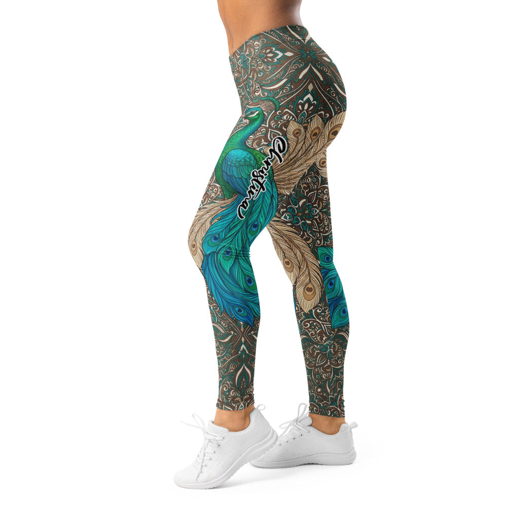 Personalisierte Damen Sportleggings Pfau Design Türkis Blau Yoga Fitness Leggings Paisley Muster X604