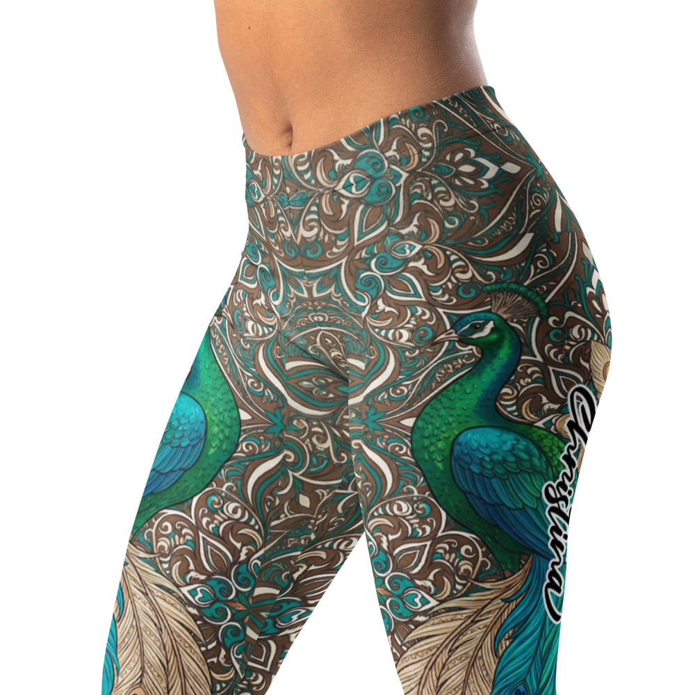 Personalisierte Damen Sportleggings Pfau Design Türkis Blau Yoga Fitness Leggings Paisley Muster X604