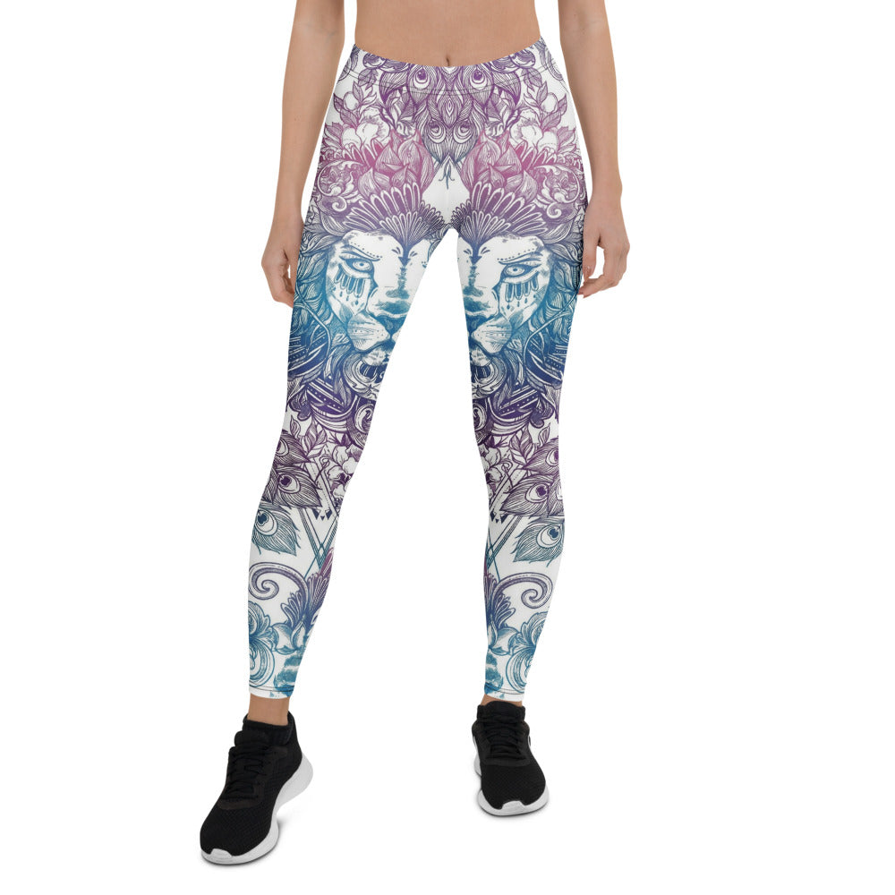Personalisierte Damen Sportleggings Löwe Mandala Design Blau Lila Yoga Leggings Fitnesshose T959