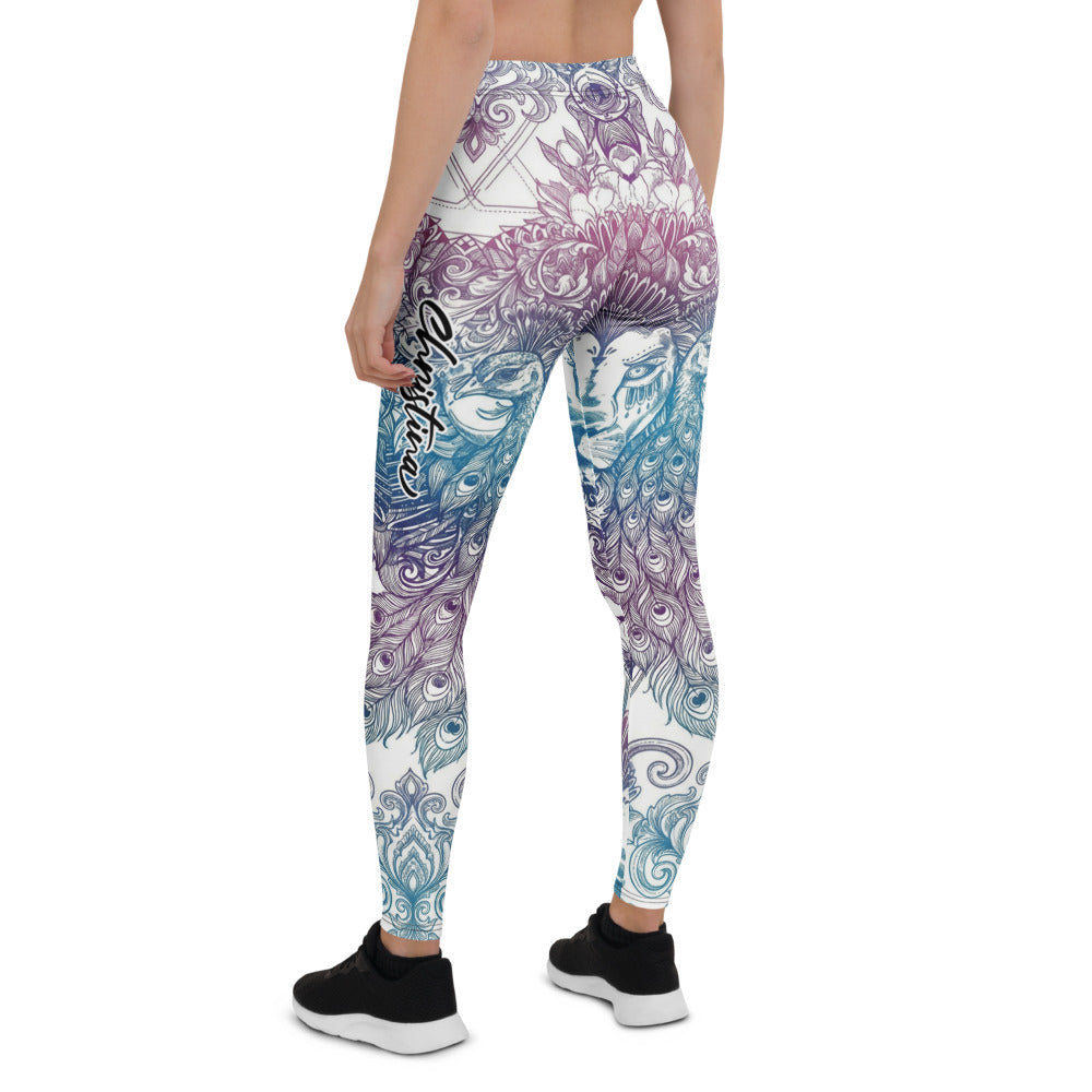 Personalisierte Damen Sportleggings Löwe Mandala Design Blau Lila Yoga Leggings Fitnesshose T959