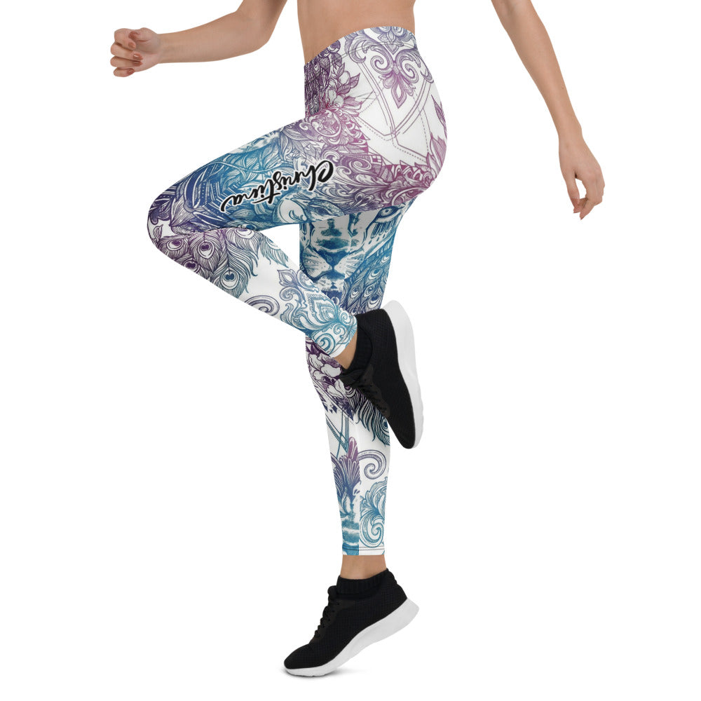 Personalisierte Damen Sportleggings Löwe Mandala Design Blau Lila Yoga Leggings Fitnesshose T959