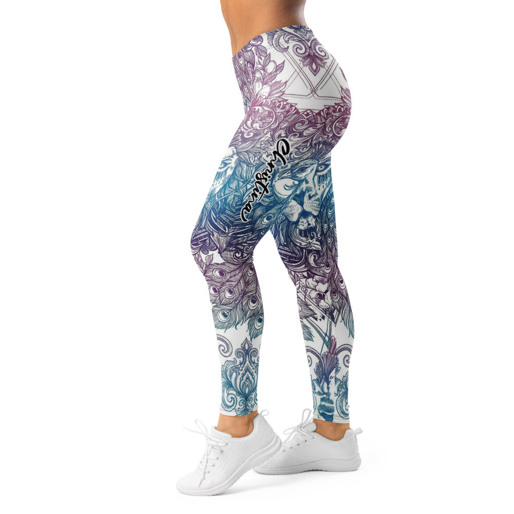Personalisierte Damen Sportleggings Löwe Mandala Design Blau Lila Yoga Leggings Fitnesshose T959