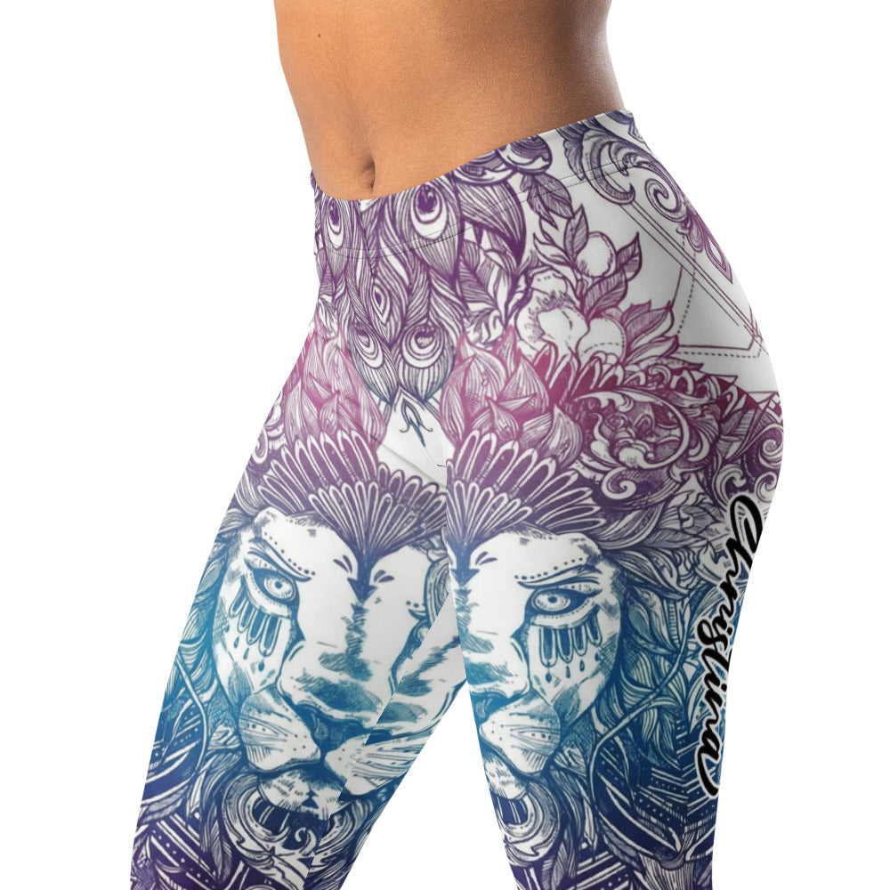Personalisierte Damen Sportleggings Löwe Mandala Design Blau Lila Yoga Leggings Fitnesshose T959