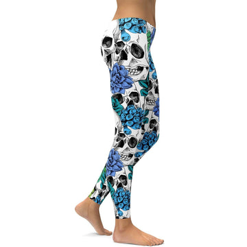 Blaue Blumen Schädel Leggings W624