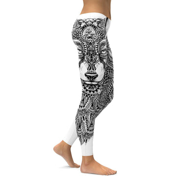 Schwarz-Weiß Zentangle Wolf Leggings T645