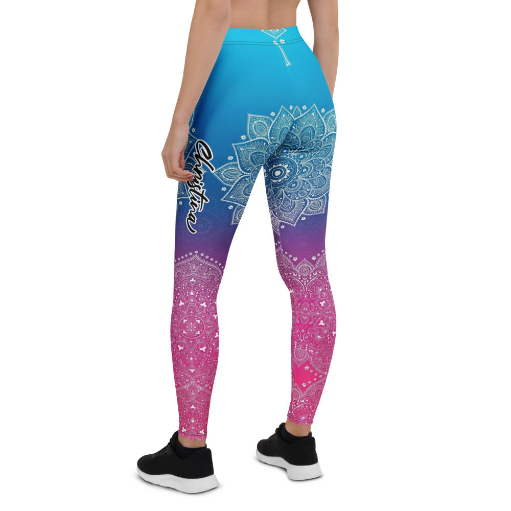 Personalisierte Damen Yoga Leggings Mandala Muster Blau Lila Pink Farbverlauf Fitness Sportleggings U548