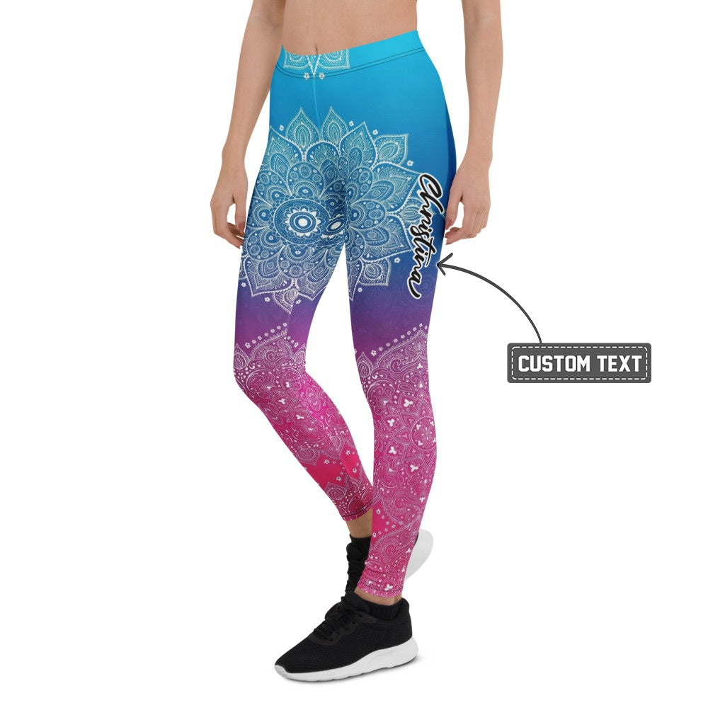Personalisierte Damen Yoga Leggings Mandala Muster Blau Lila Pink Farbverlauf Fitness Sportleggings U548 - XL